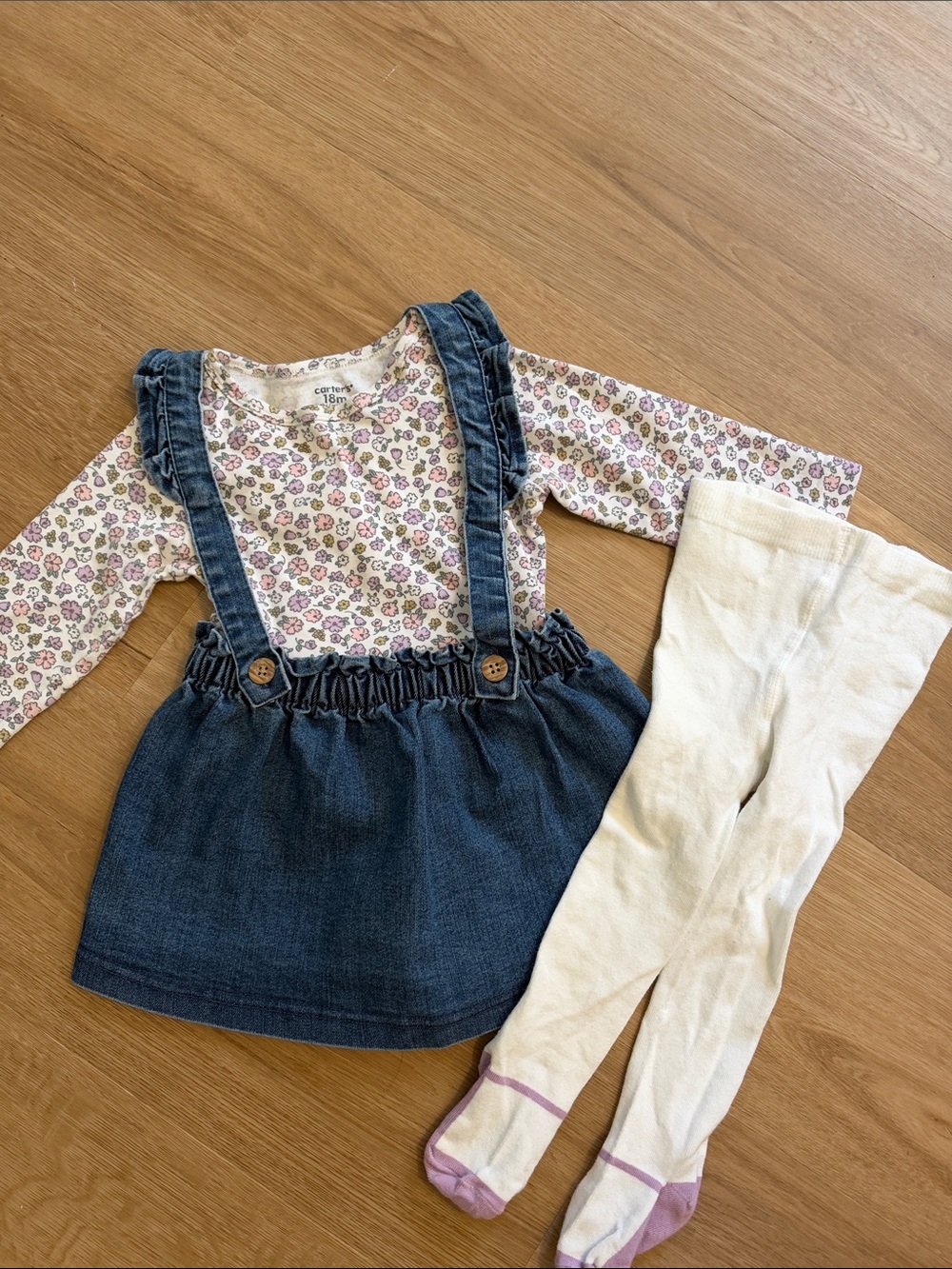 Carter's Denim Suspender Skirt with Cream Floral Top and Cream Tights size 18m
